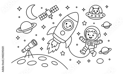 Space adventure: cute astronaut explorers and rocket in playful cosmic scene
