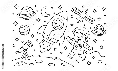 Playful space adventure: child and rocket in outer space coloring page