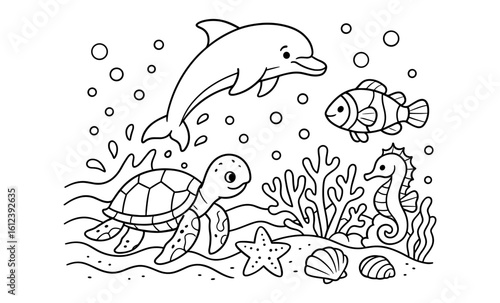 Marine life coloring page with dolphin, fish, turtle, seahorse, coral, and shells for kids