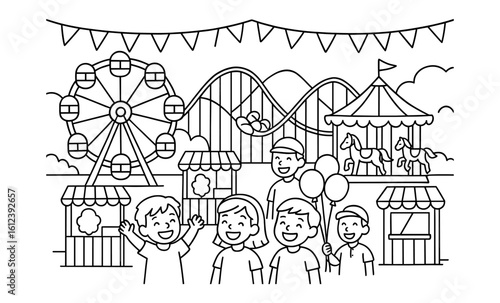 Fun day at the amusement park with kids and rides in black and white cartoon style