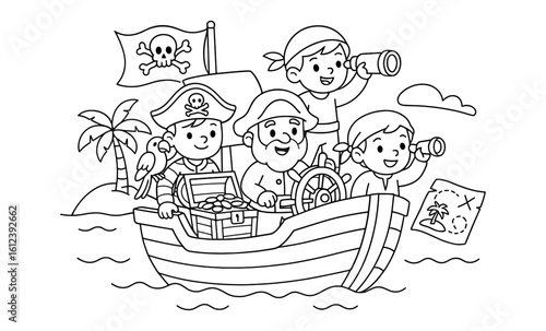 Cartoon pirate adventure: kids on treasure hunt in playful black and white design