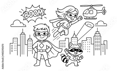 Superhero kids in action: fun coloring page with cartoon cityscape and helicopter