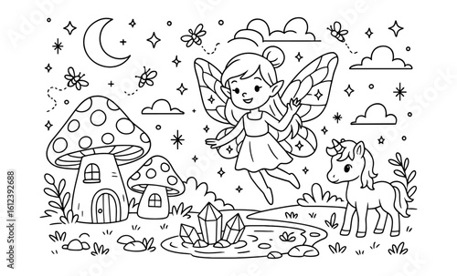 Enchanting fairyland with fairies and unicorn in a mystical forest