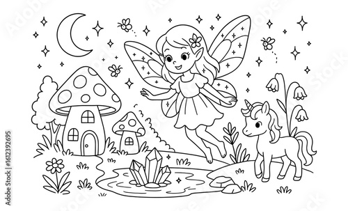 Whimsical fairyland with enchanting fairy and unicorn under moonlit sky
