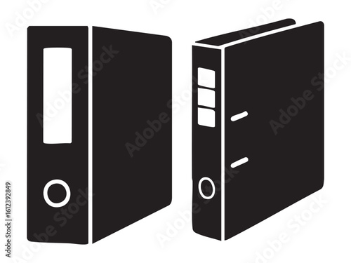 Black silhouette of two ring binders isolated on white background, graphic illustration. concept of office supplies, stationery, document organizer, icon, logo, storage
