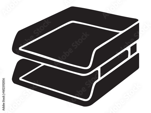 Black silhouette of stackable office document trays isolated on white background, graphic illustration. Concept of paper organizer, office desk accessory, document storage, workplace organization