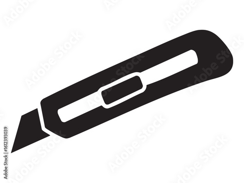 Black silhouette of utility knife blade on white background. concept of cutting tool, stationery, icon, logo, design element, art illustration, office supply, tool, graphic.