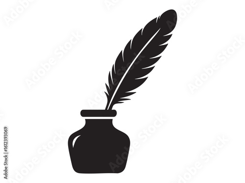 Black silhouette of a feather quill in ink pot on white background, graphic illustration. concept of writing tool, literature, calligraphy, icon, logo, design element.