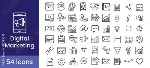 Digital marketing icon set with 54 line illustrations for an online social media campaign, including advertising, SEO, content, and promotion symbols for business strategy