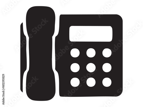 Black silhouette of classic landline telephone with buttons, isolated on white background, graphic illustration. concept of communication, retro, office, icon, logo, design element