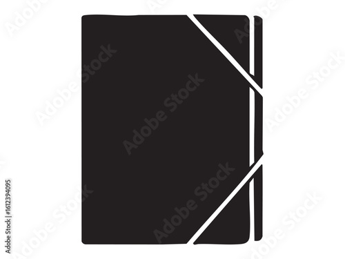 Black silhouette of a document folder with elastic bands, isolated on white background, graphic illustration. Concept of file storage, paperwork organizer, office supplies, design element