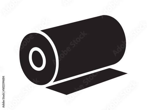 Black silhouette of roll of tape or packaging film unrolling, isolated on white background, graphic illustration. Concept of office supply, stationery, adhesive material, design element