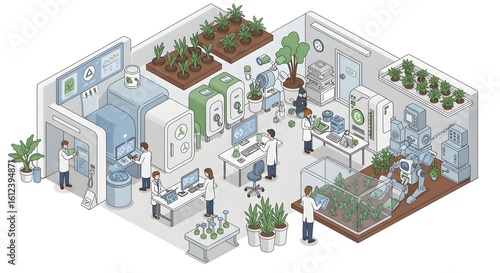 Isometric illustration of a futuristic biotechnology laboratory where scientists and robots conduct research on plant genetics and advanced agriculture.