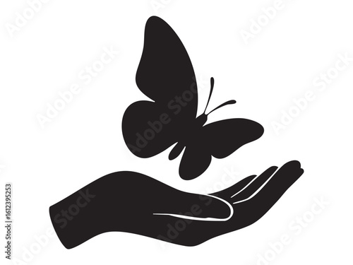 Black silhouette of butterfly hovering over open hand, isolated on white background, graphic illustration. concept of nature, grace, freedom, transformation, design element