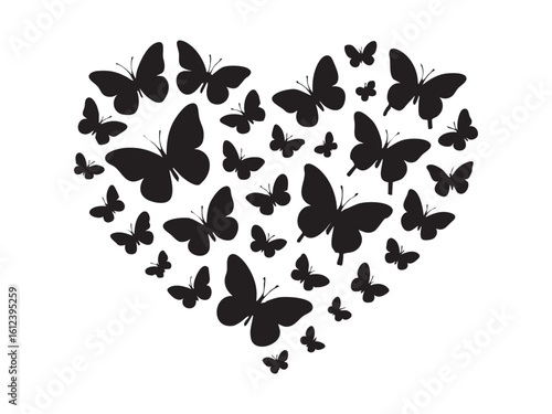 Black silhouette of multiple butterflies forming heart shape, isolated on white background. concept of love, nature, insects, beauty, graphic design element, decoration.