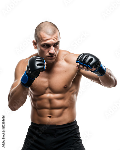 Intense muscular athlete in MMA gear, ready for combat with a determined gaze