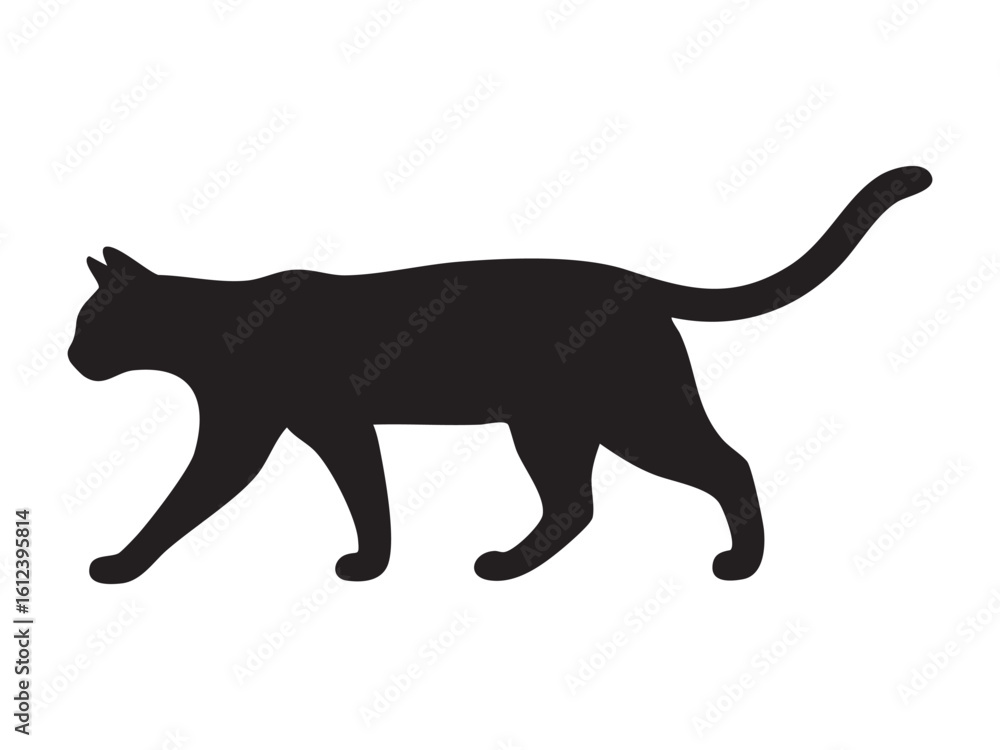 Fototapeta premium Black silhouette of a walking cat, isolated on white background. concept of pet, cute kitten, domestic animal, icon, logo, design element, feline art.