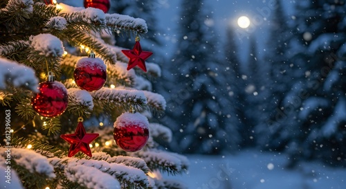 Magical snowy night with glowing Christmas tree adorned with red ornaments and stars, creating a festive, enchanting holiday atmosphere.
