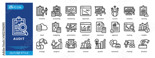 audit icon set collection in outline style. an icon pack contain checklist, accounting, monitoring, regression, evaluation, success, analytics, warning, cloud, budgeting