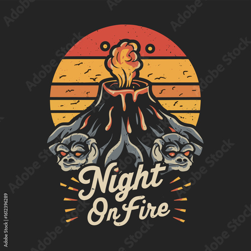 Vector t-shirt design Vintage retro sunset black style design of a cartoon Gibbons A volcano with flames rising from it and Lava is falling from it, text “ end of days"
