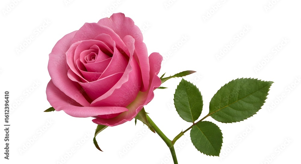 Fototapeta premium Stunning pink rose with vibrant green leaves, a symbol of love and beauty, perfect for romantic occasions and floral designs