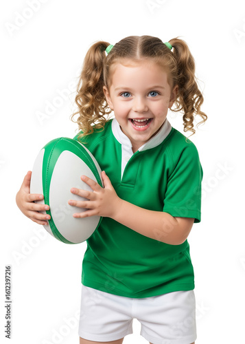 Cheerful little girl with curly pigtails happily holding a rugby ball, smiling broadly.