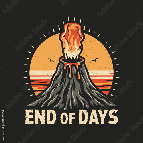 Vector t-shirt design Vintage retro sunset black style design of a cartoon Gibbons A volcano with flames rising from it and Lava is falling from it, text “ end of days"
