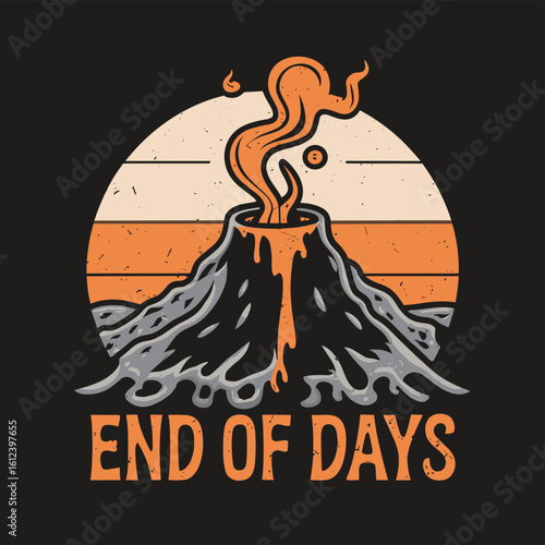 Vector t-shirt design Vintage retro sunset black style design of a cartoon Gibbons A volcano with flames rising from it and Lava is falling from it, text “ end of days"
