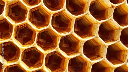 Honeycomb: A mesmerizing close-up showcases the intricate geometry of a honey comb, highlighting the complex structural design of a natural wonder and the sweet essence within.