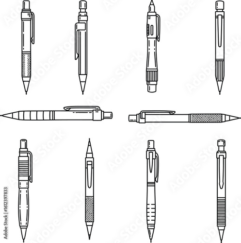 Set of Outline Mechanical Pencil Icons - Drafting and Writing Tools