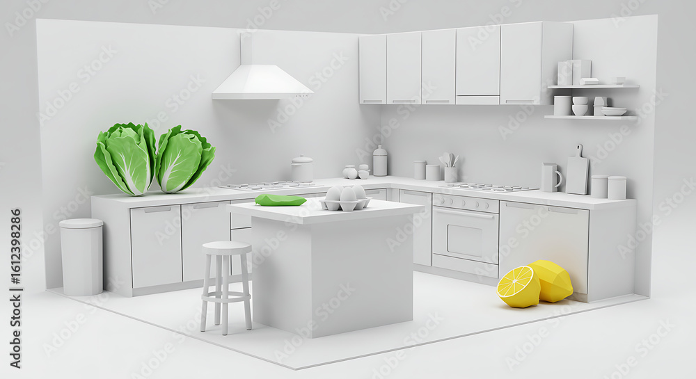 Fototapeta premium Stunning minimalist kitchen scene with fresh ingredients, perfect for culinary inspiration and modern home design.