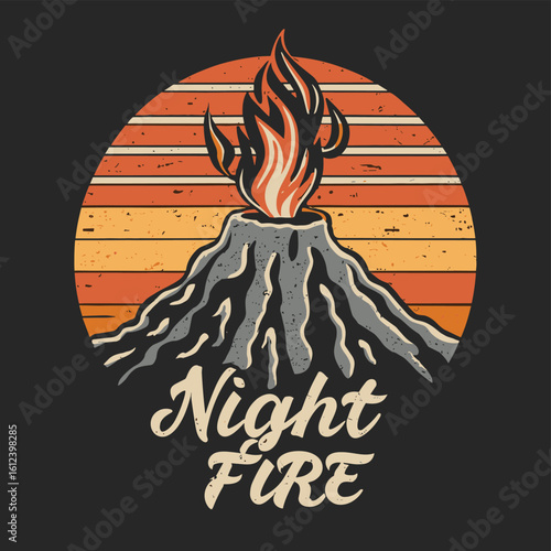 Vector t-shirt design Vintage retro sunset black style design of a cartoon Gibbons A volcano with flames rising from it and Lava is falling from it, text “ end of days"
