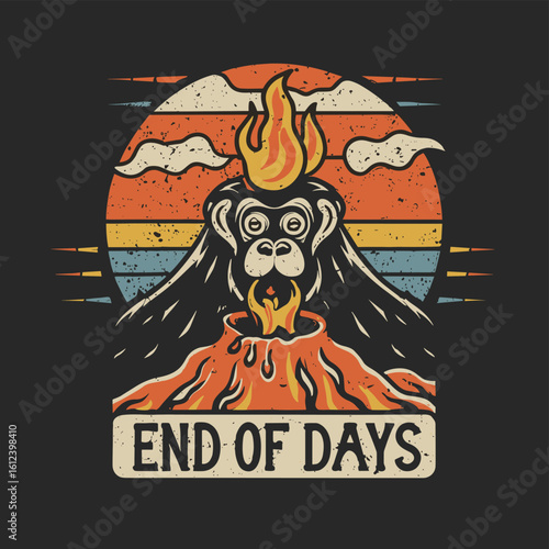 Vector t-shirt design Vintage retro sunset black style design of a cartoon Gibbons A volcano with flames rising from it and Lava is falling from it, text “ end of days"
