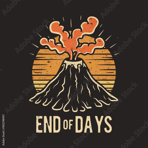 Vector t-shirt design Vintage retro sunset black style design of a cartoon Gibbons A volcano with flames rising from it and Lava is falling from it, text “ end of days"
