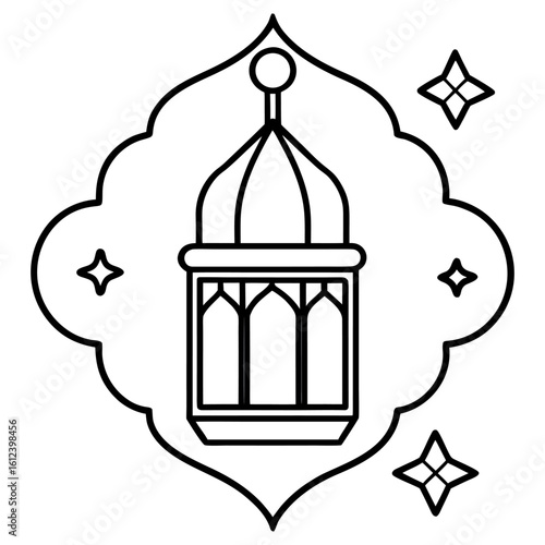 Vector art of a black and white line drawing of a ramadan lantern surrounded by stars isolated on white background