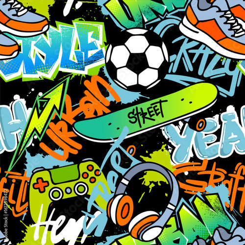 Seamless street art pattern with sneakers, skateboard, graffiti text, soccer ball, game controller, and headphones. Design for active youth culture, sports, and gamer lifestyle themes.