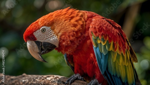 Vibrant Scarlet Macaw Perched on Wooden Branch