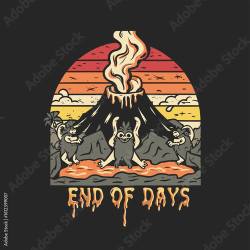 Vector t-shirt design Vintage retro sunset black style design of a cartoon Gibbons A volcano with flames rising from it and Lava is falling from it, text “ end of days"
