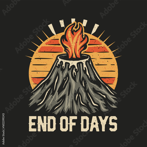 Vector t-shirt design Vintage retro sunset black style design of a cartoon Gibbons A volcano with flames rising from it and Lava is falling from it, text “ end of days"
