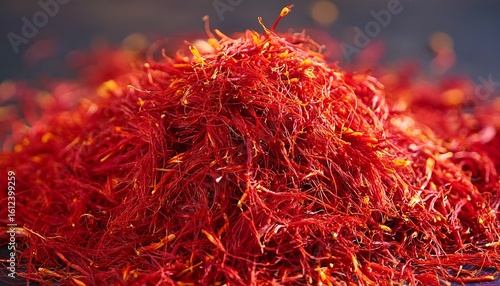 pile of vibrant red saffron threads close up view