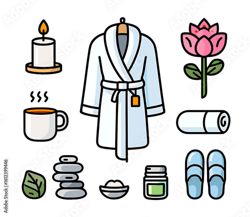 Assortment of spa day essentials including a robe, candle, flower, and other wellness items displayed nicely