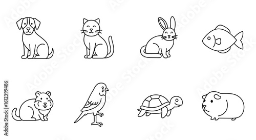 Collection of outlined pets including a dog, cat, rabbit, fish, hamster, bird, turtle, and guinea pig