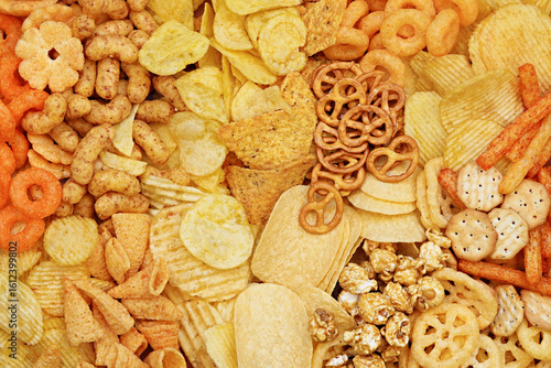 Colorful mix of salty snacks for beer varieties: chips and pretzels, onion rings and crackers. Non-healthy junk food background