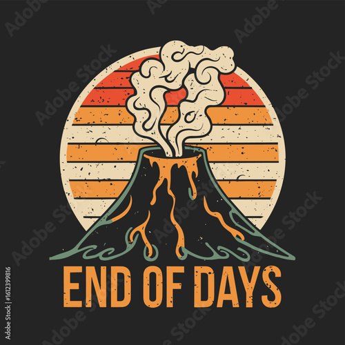 Vector t-shirt design Vintage retro sunset black style design of a cartoon Gibbons A volcano with flames rising from it and Lava is falling from it, text “ end of days"
