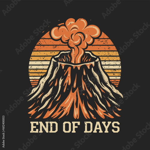 Vector t-shirt design Vintage retro sunset black style design of a cartoon Gibbons A volcano with flames rising from it and Lava is falling from it, text “ end of days"
