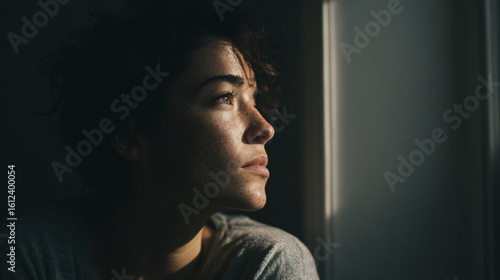 Solitude Contemplation: A portrait of a woman in pensive solitude, sunlight streams through a window, illuminating her thoughtful gaze. 