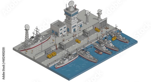 Isometric illustration of a military naval base with warships docked at the harbor pier and a central control tower.