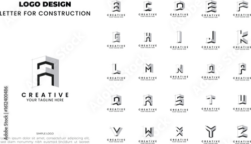 Set of letter A-Z monogram building logo design for real estate, architecture and construction company. Bundel logo initial