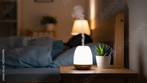 Aromatherapy diffuser emitting relaxing steam in bedroom at night with person sleeping under blanket, small decorative plant on wooden nightstand, warm light in background