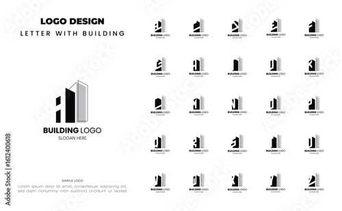 Set of letter A-Z monogram building logo design for real estate, architecture and construction company. Bundel logo initial